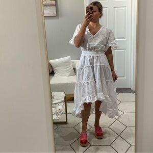 Sue Sartor x Cynthia Cazort Collins Dress High Low Midi Ruffle Tiered in White